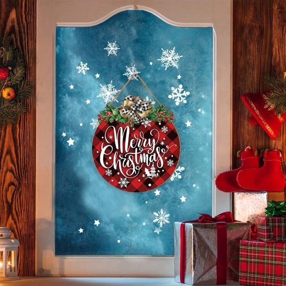 NWT- Beautiful Merry Christmas Red Buffalo Check- Round Wooden Decoration Sign - Picture 5 of 6
